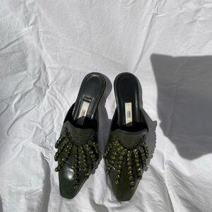 Miista Elegant Olive Green Beaded  Mules